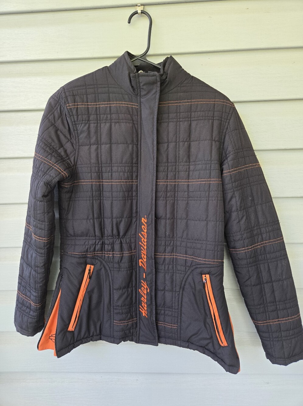 Harley Davidson Women's XS Black and Orange Puffer Coat Biker Jacket